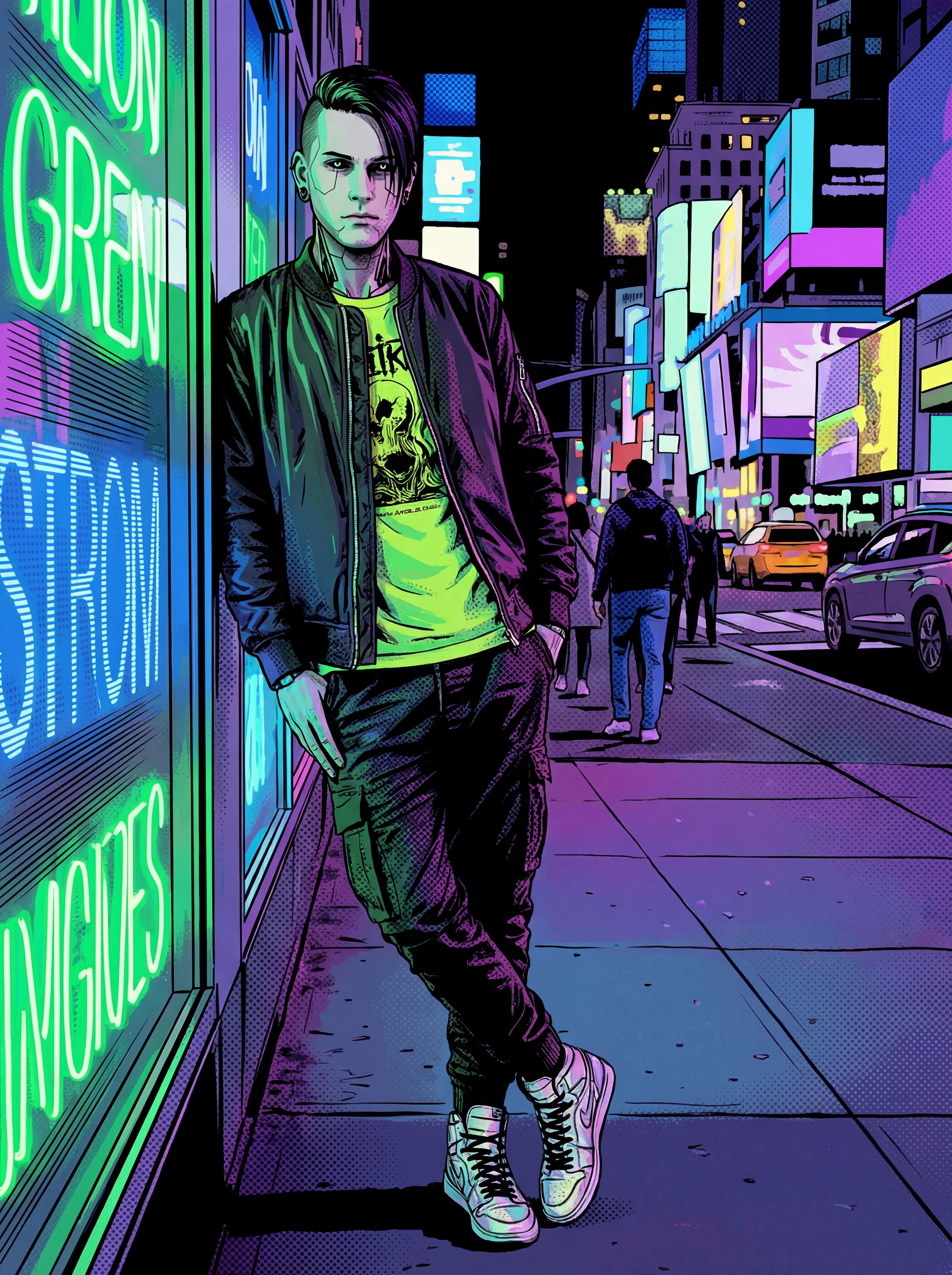 Graphic novel cyberpunk character in a futuristic city
