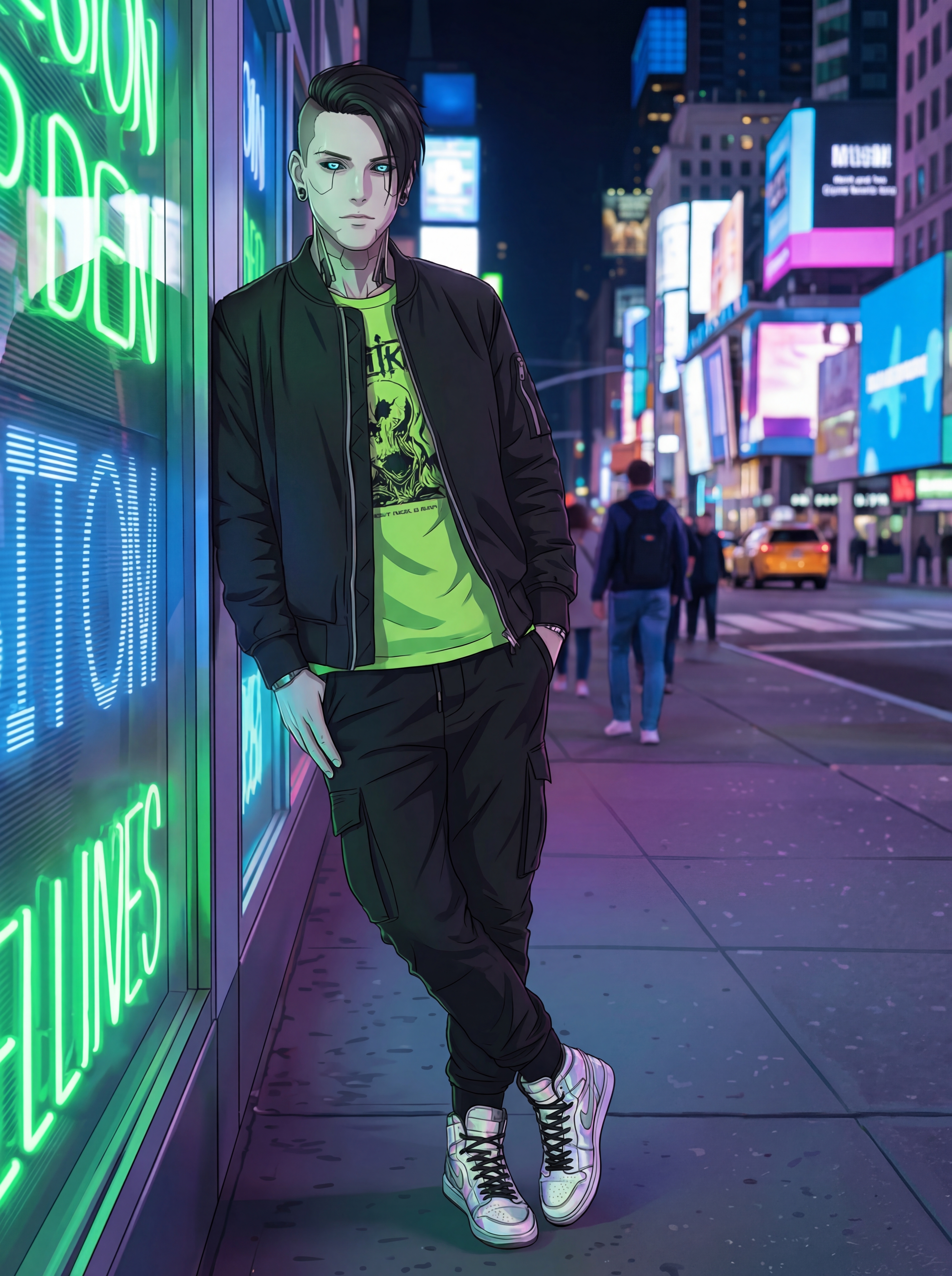 Anime cyberpunk character in a futuristic city