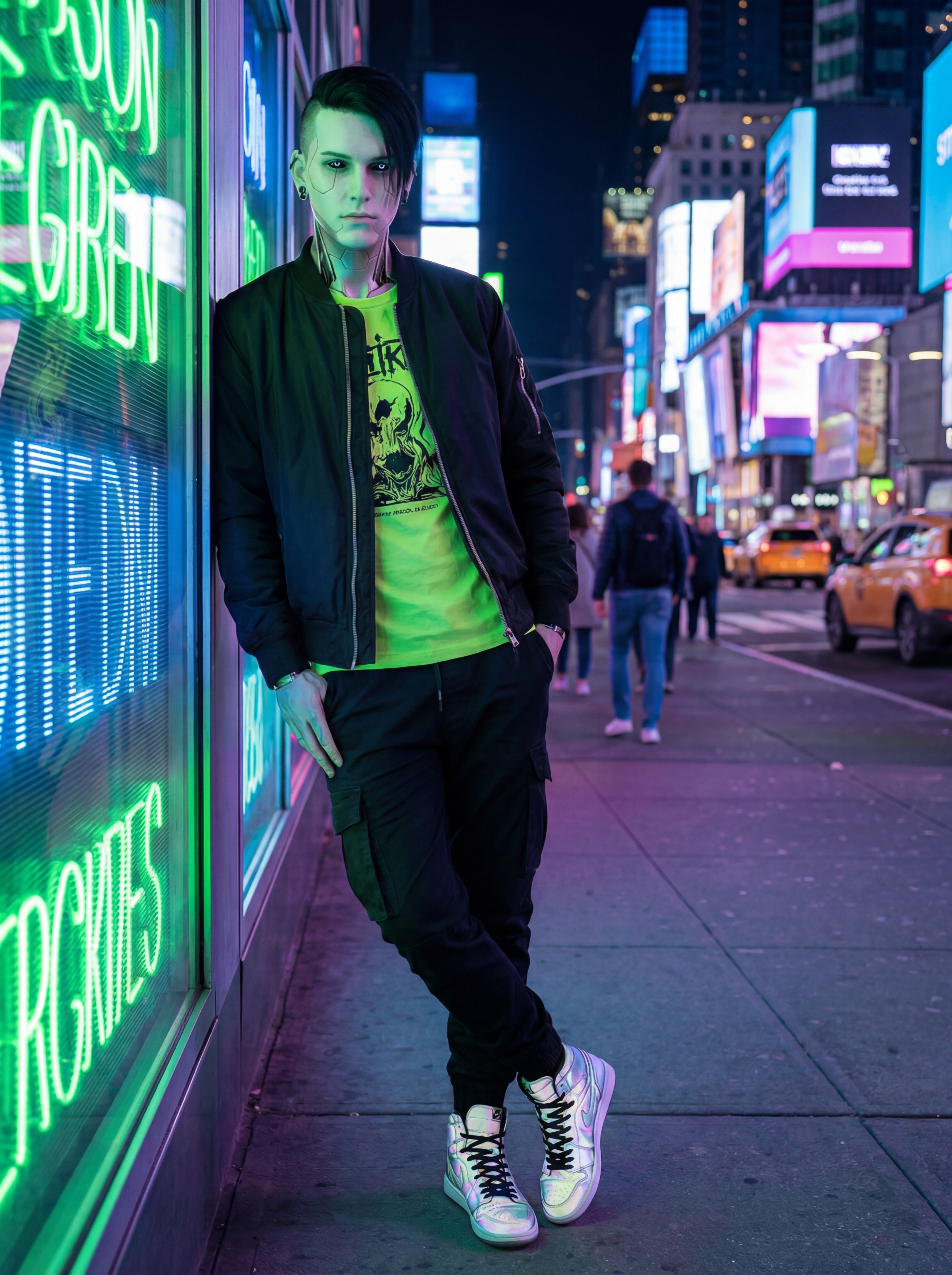 Realistic cyberpunk character in a futuristic city