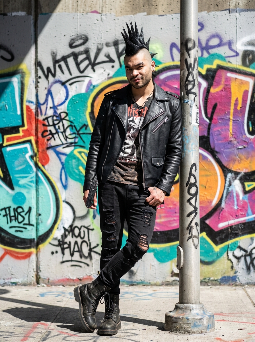 Refined man as punk with mohawk by graffiti wall