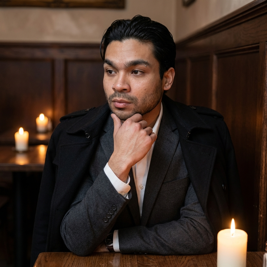 Refined man in candlelit setting with suit
