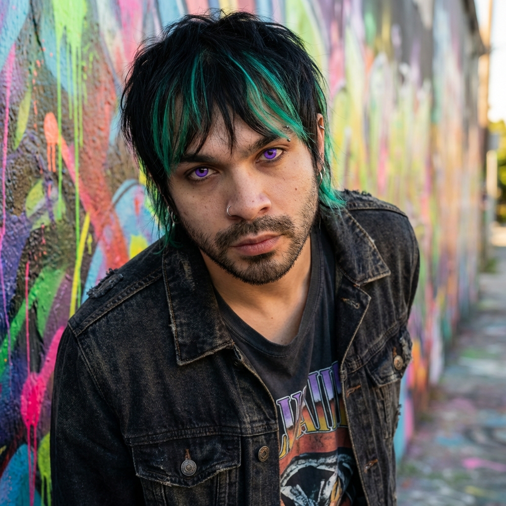 Fantasy character with green hair in graffiti alley