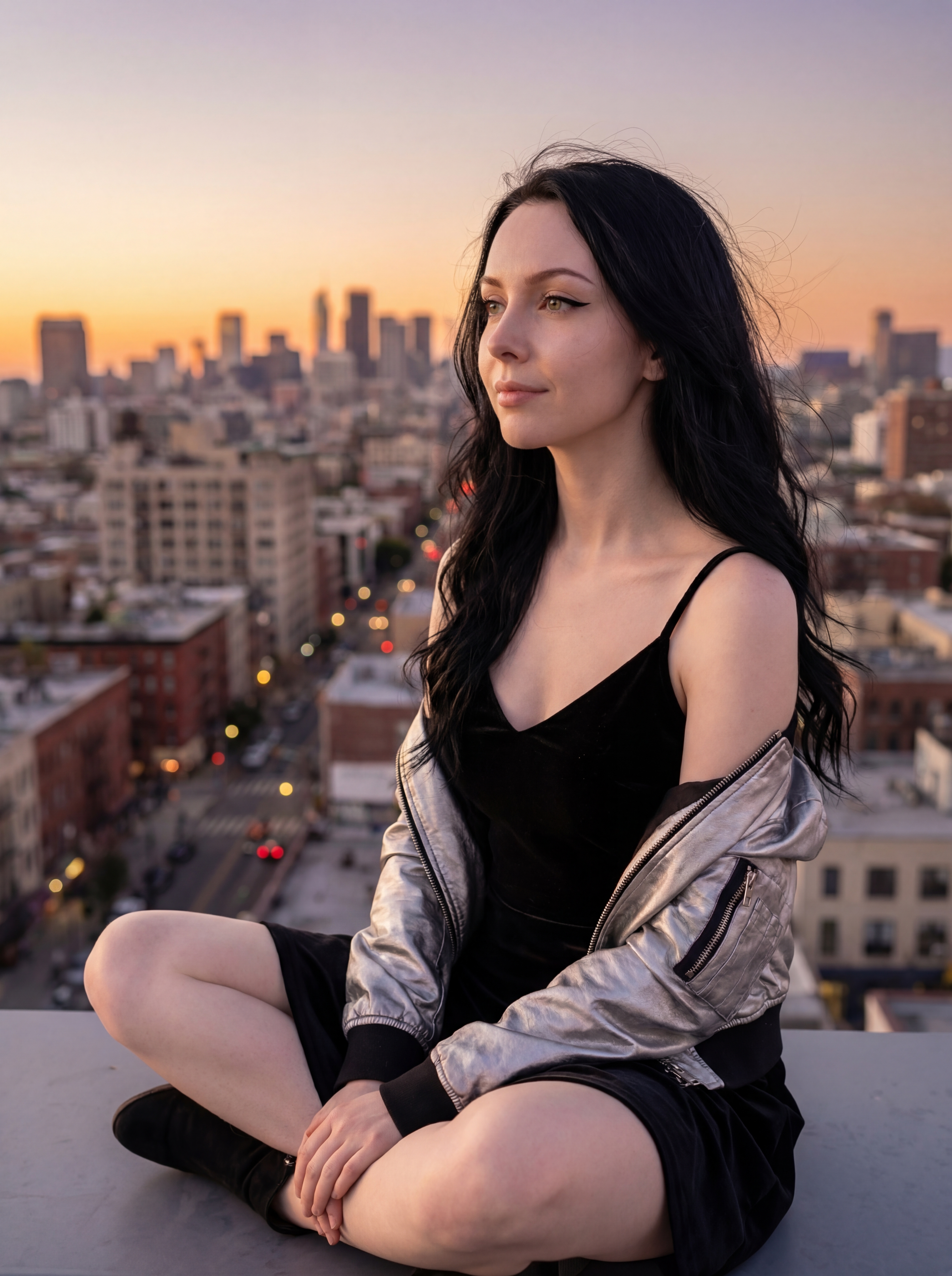 Woman sitting on rooftop