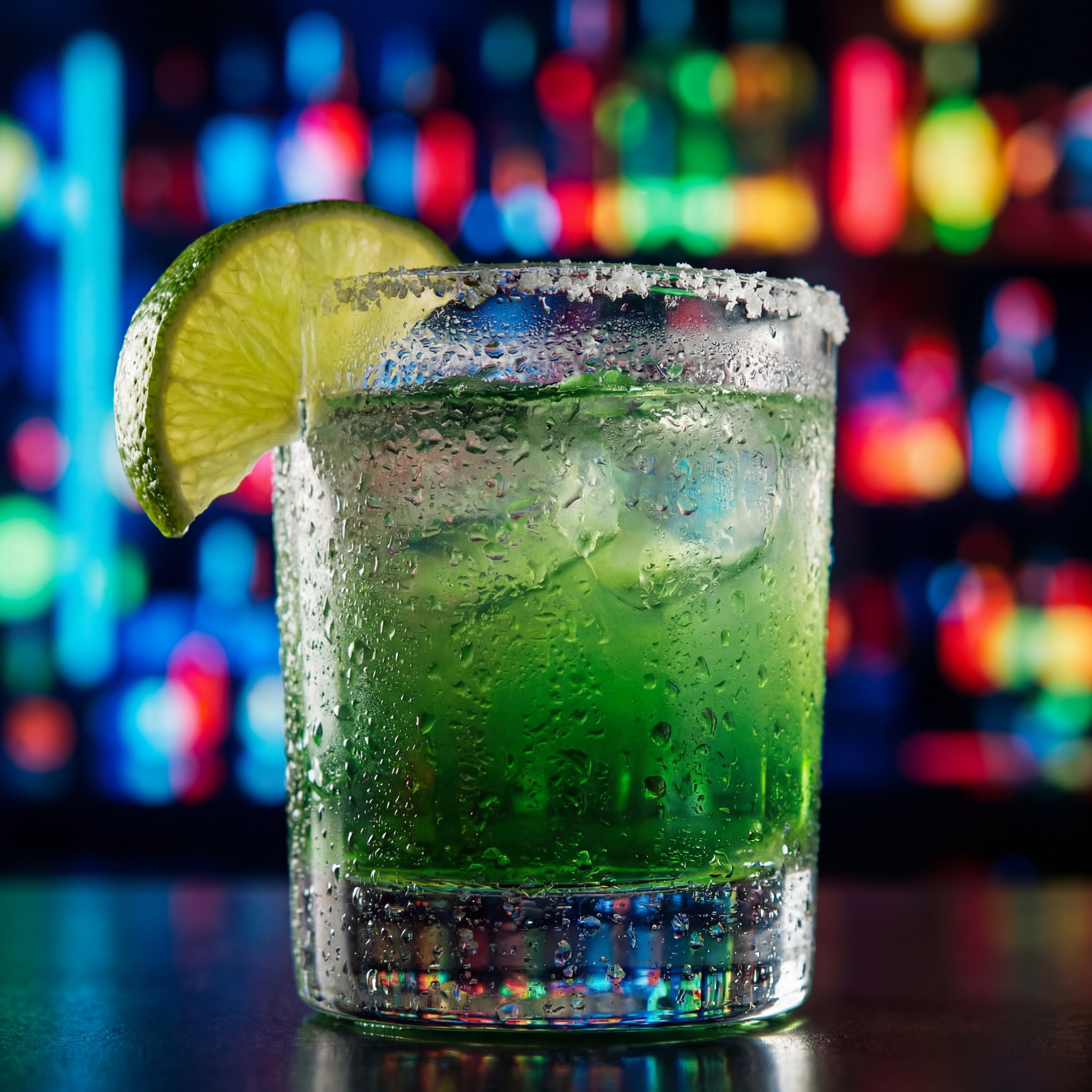 Vibrant green cocktail with lime at colorful bar