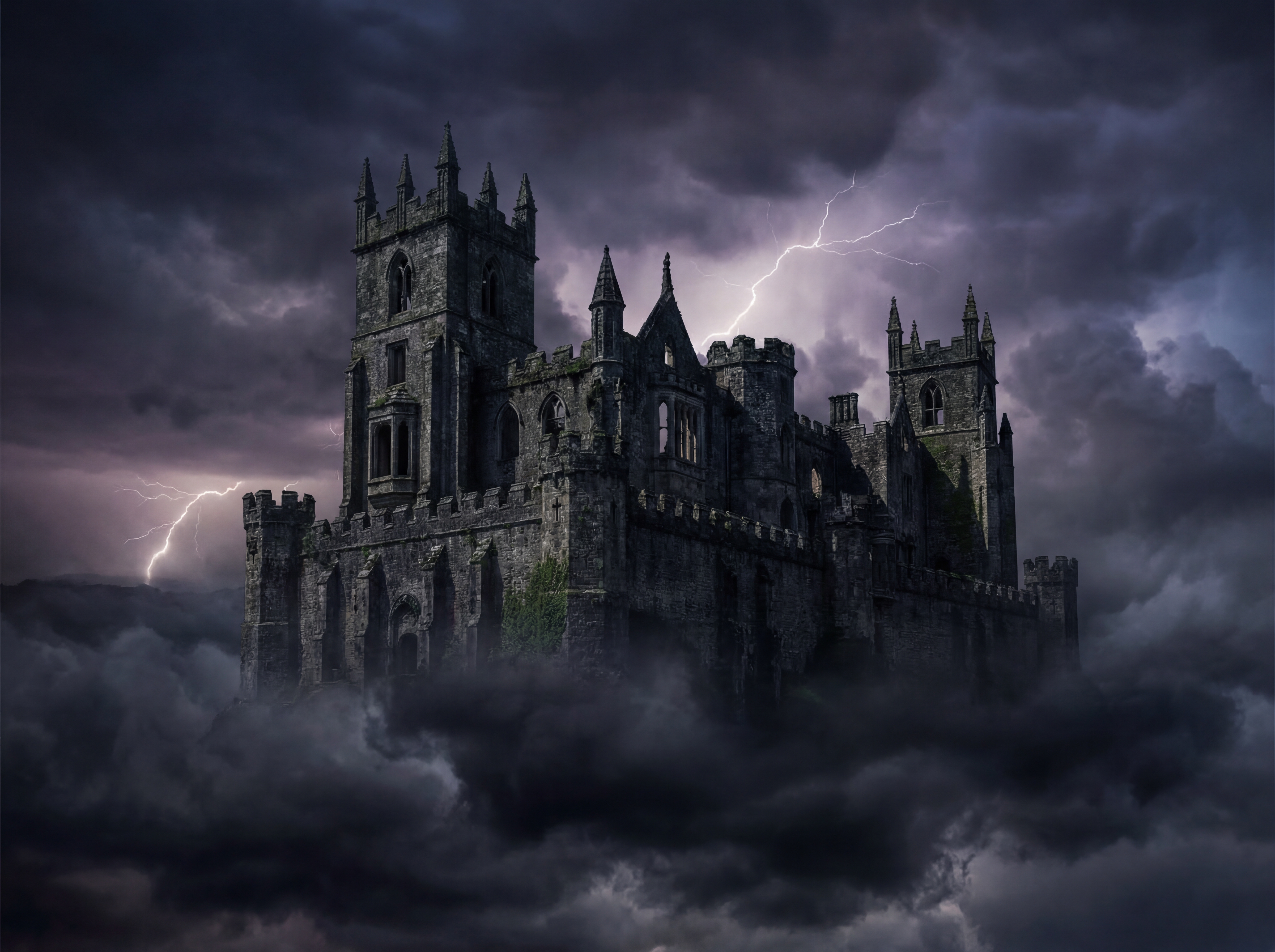 Gothic castle in stormy sky with lightning