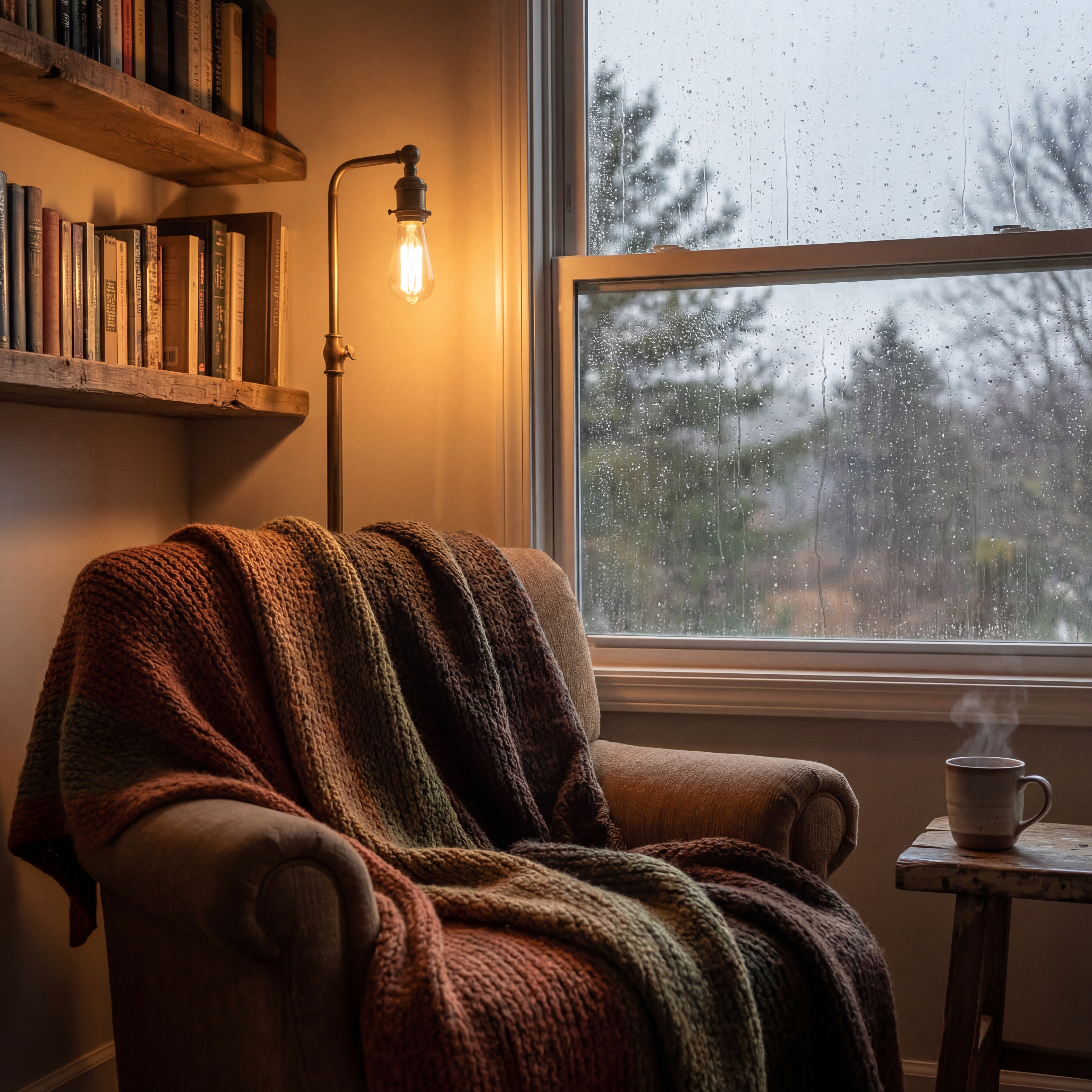 Cozy reading nook with blanket and rain on window