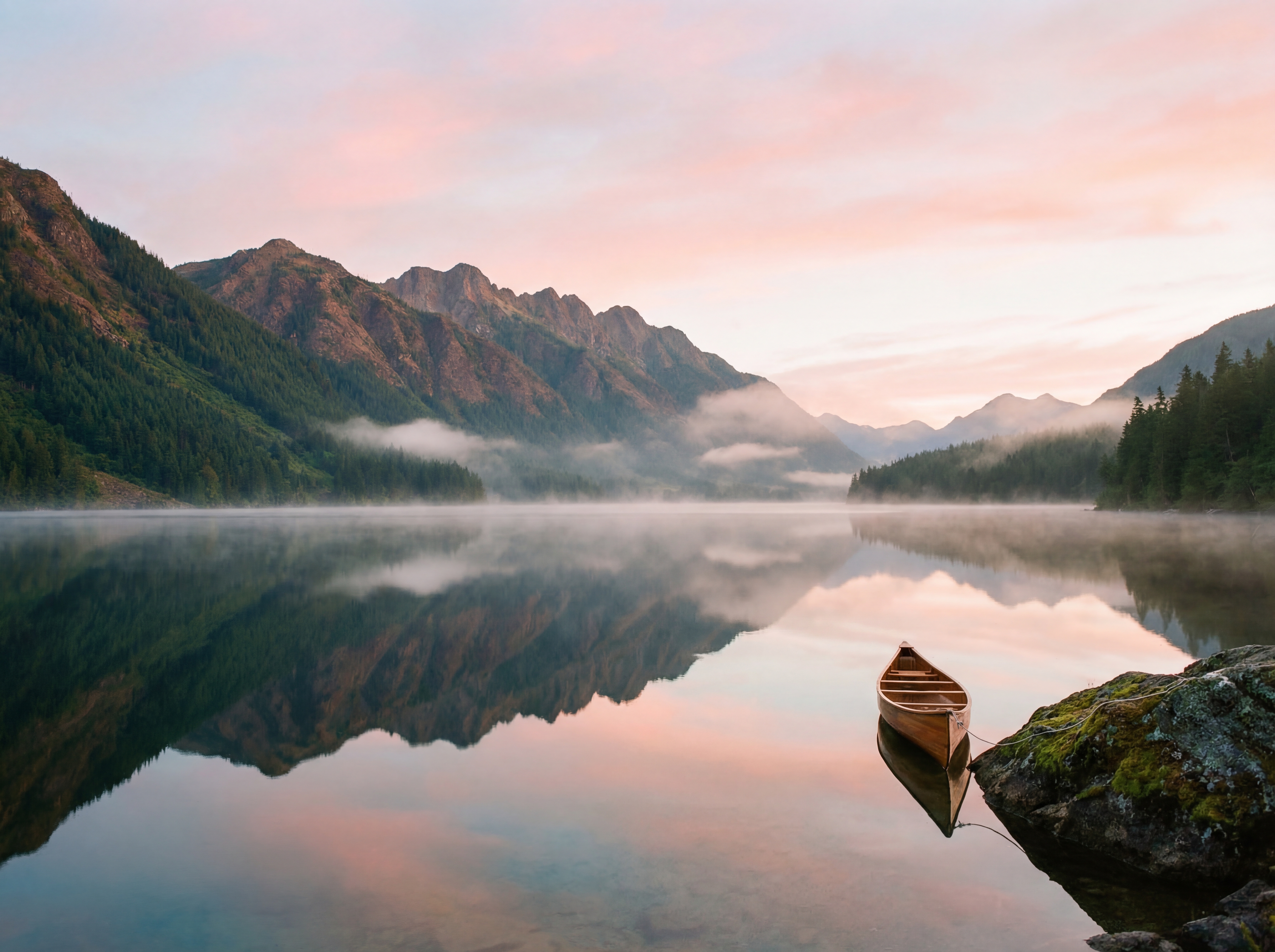 Serene mountain lake at sunrise with canoe and mist