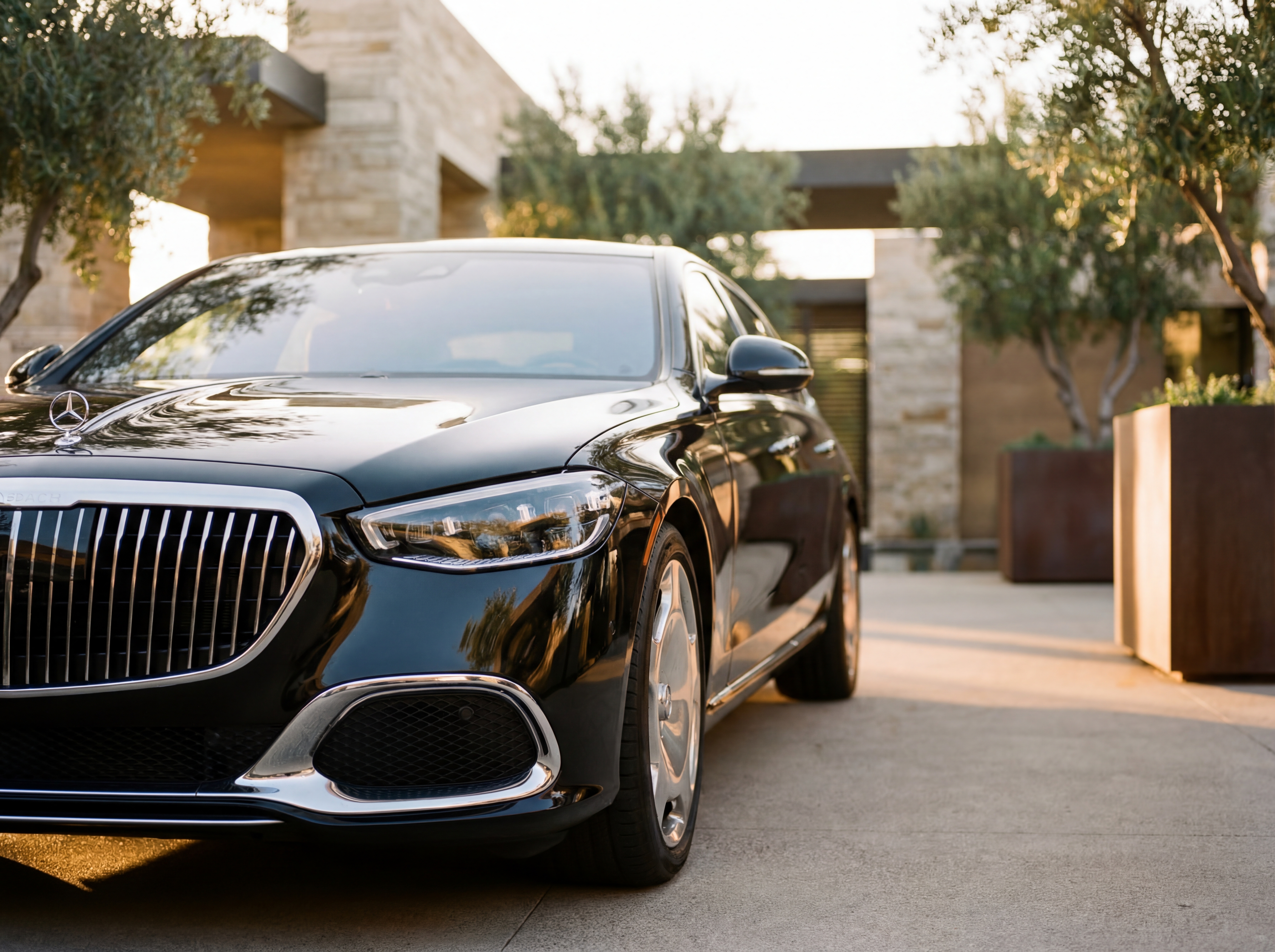 Black luxury sedan in front of modern architecture