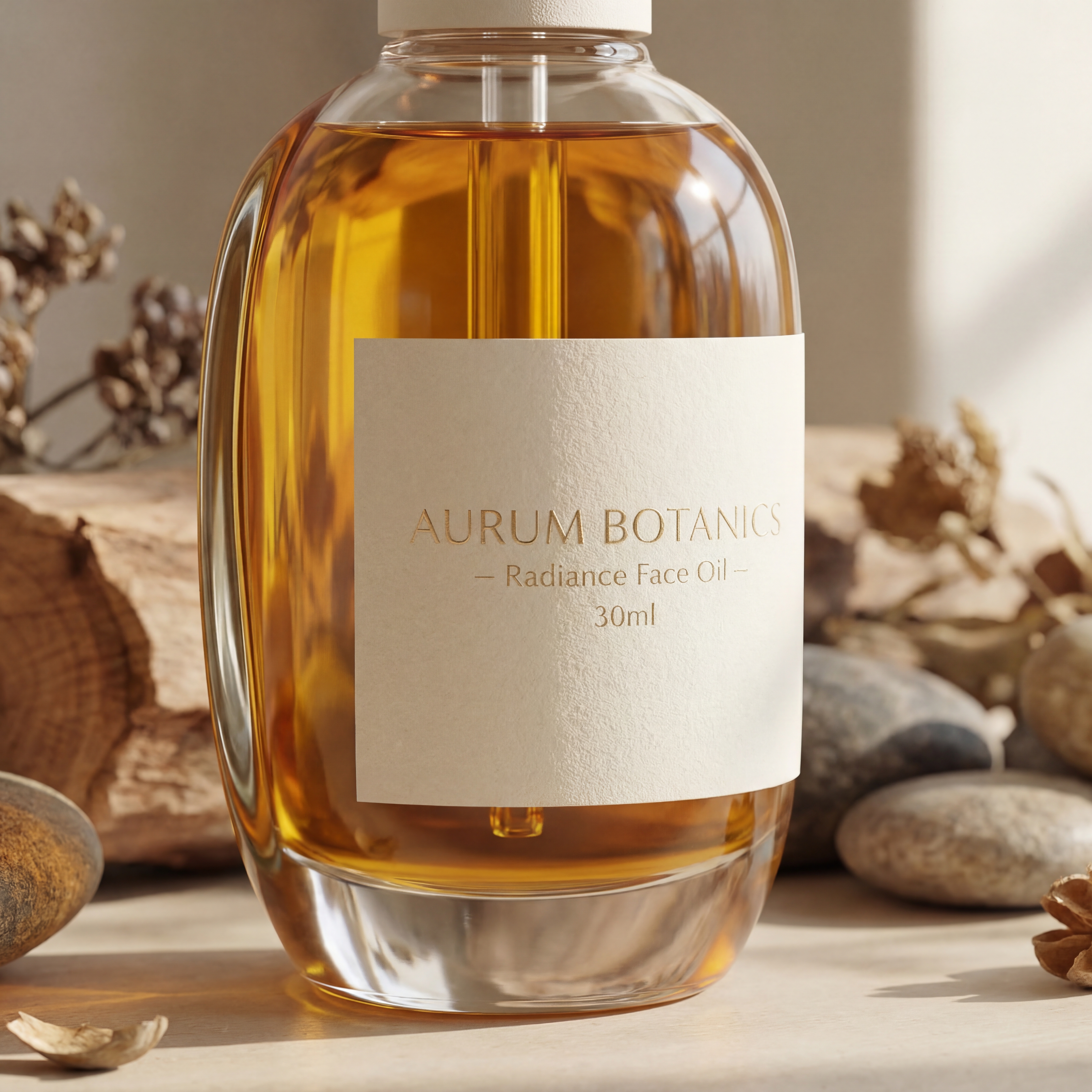 Elegant gold face oil bottle with natural elements