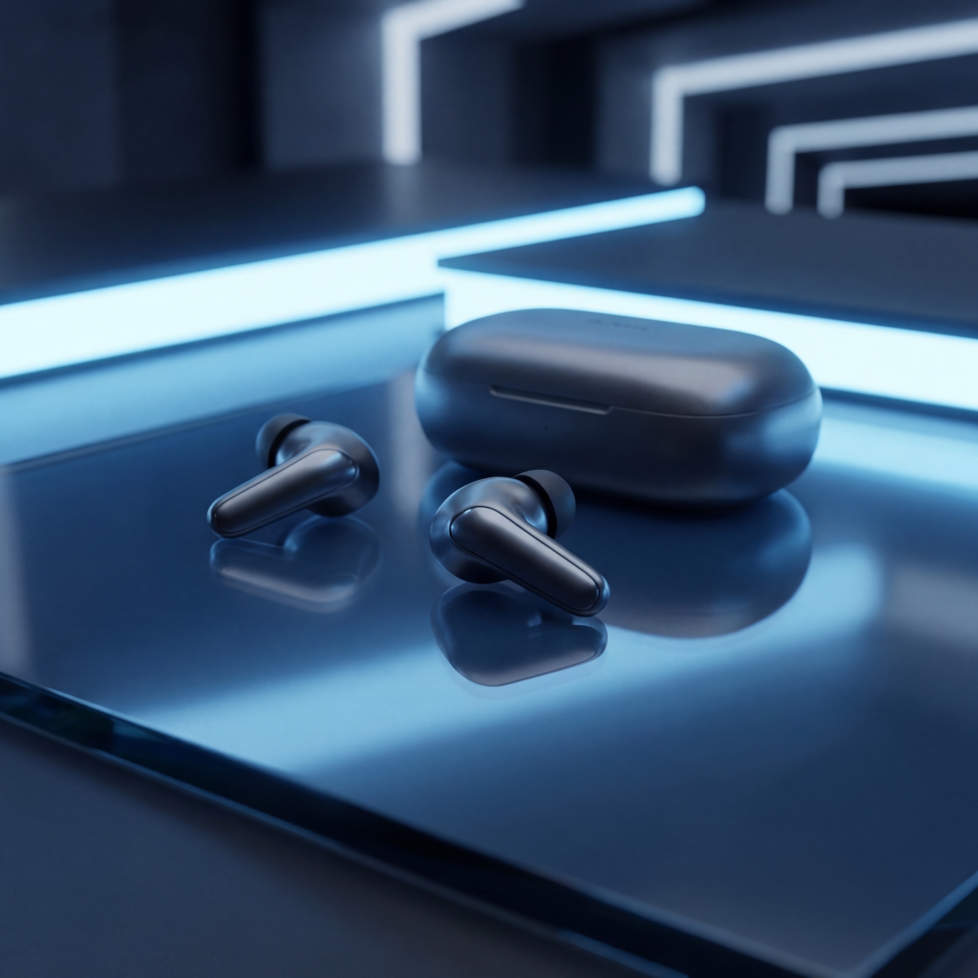 Wireless earbuds with neon blue lighting